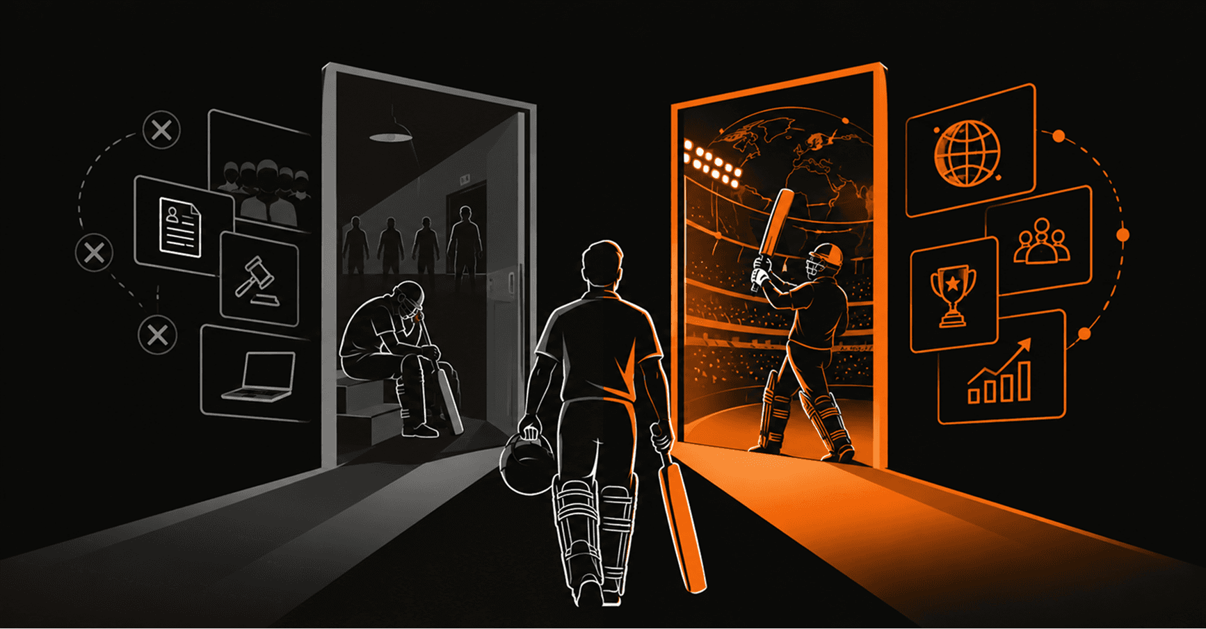 Two doors out of a dressing room. Through the closed one a player sits alone among rejected forms; through the open one the same player walks out to bat under floodlights, with the global pool, the auctions, the trophies and a rising chart laid out beyond it.