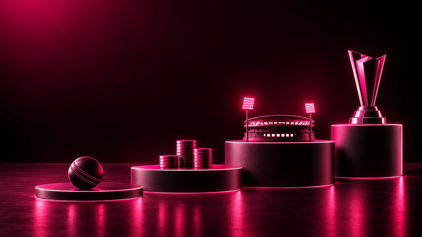 A trophy on a stepped plinth beside stacks of coins and a cricket ball, lit in pink.