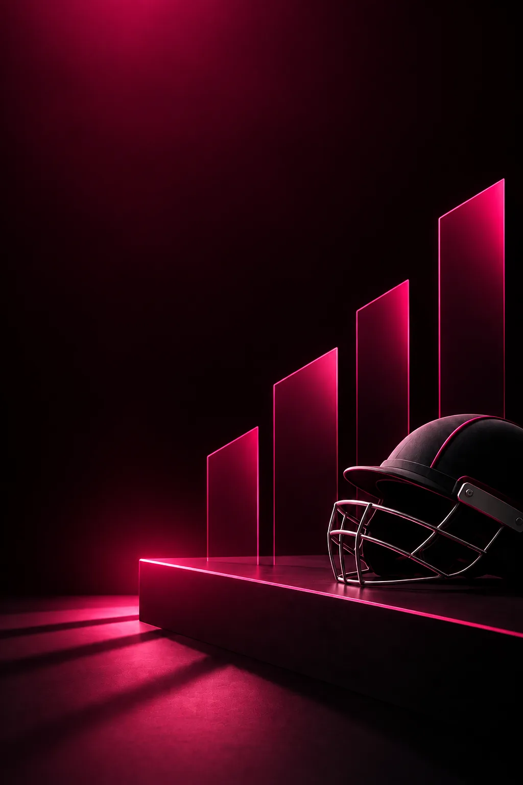A cricket helmet on a lit plinth, pink light rising behind it.