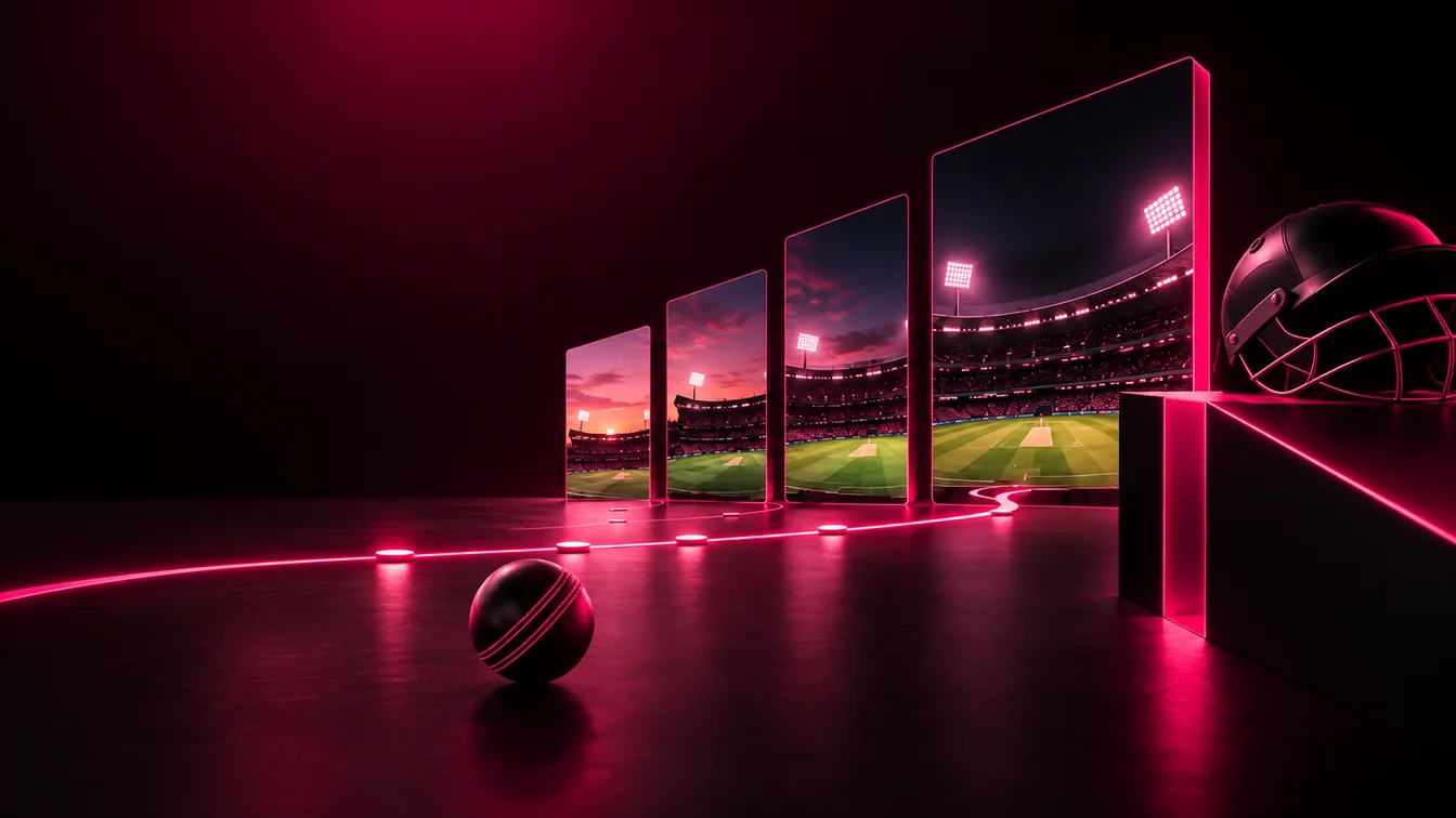 A row of lit screens leading into a floodlit stadium, a helmet and ball in the foreground.
