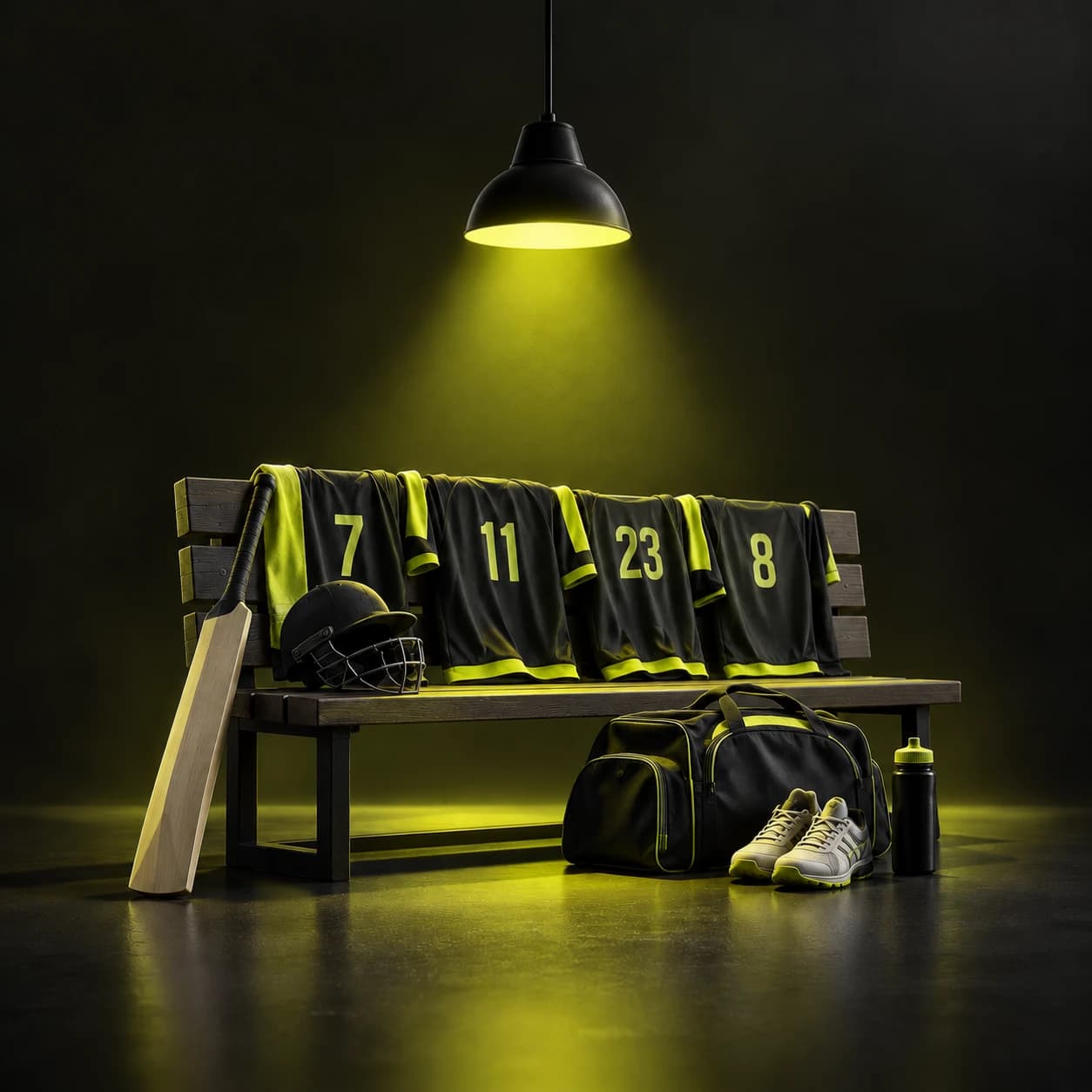 Numbered team shirts hung above a dressing-room bench, a kit bag, helmet and bat beside it
