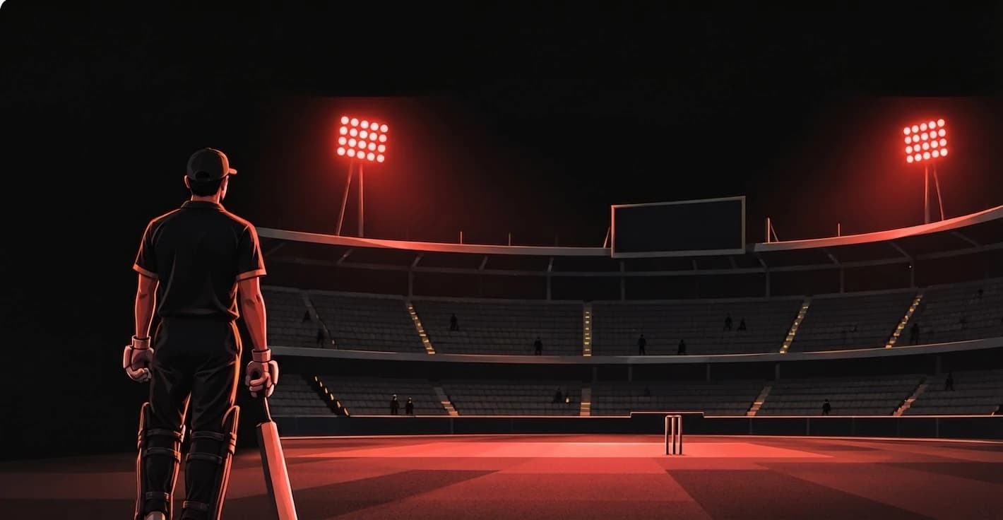 A lone batter at the crease facing empty stands under the floodlights