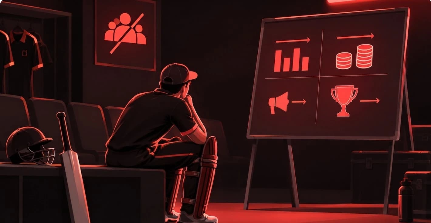 An owner slumped in the dugout before a board of flat and falling charts