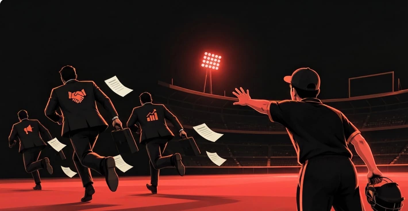 Sponsors running off the field with banknotes flying, a player reaching after them