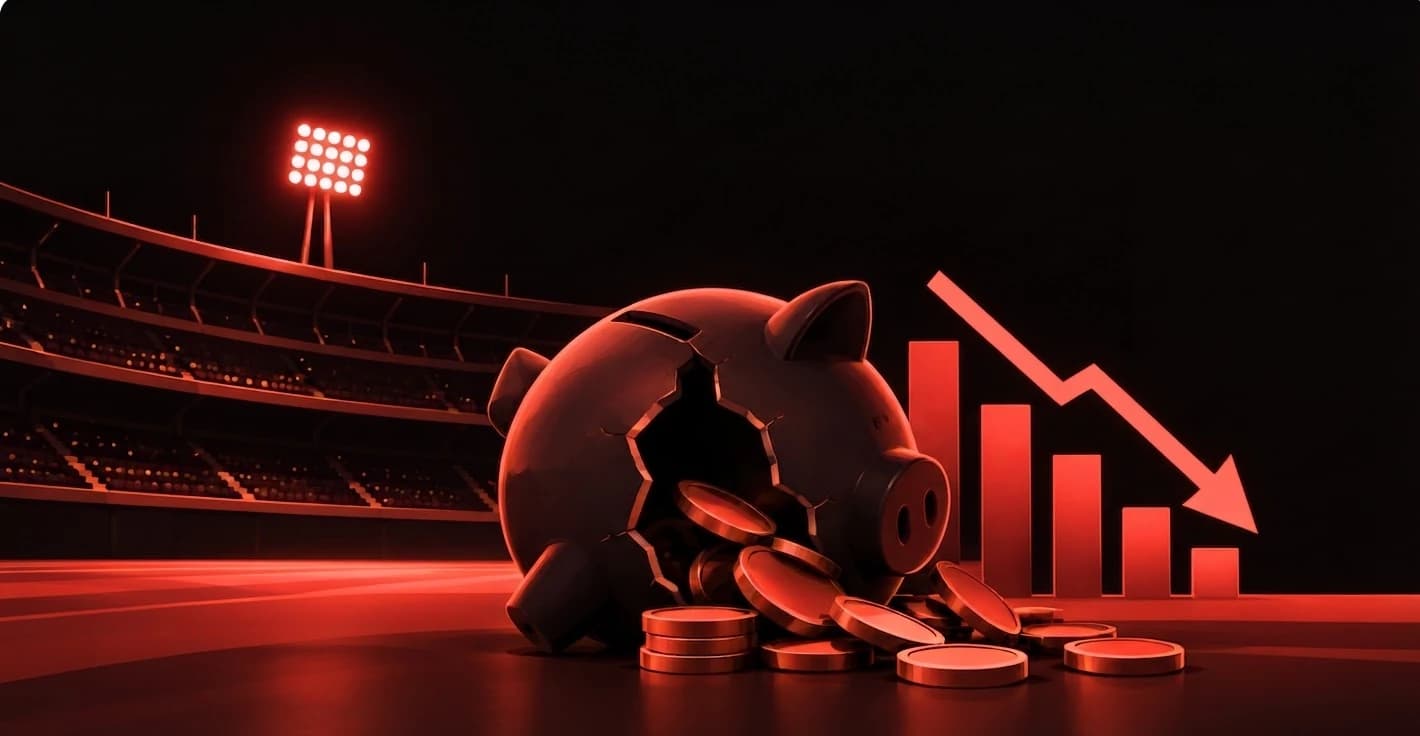 A cracked piggy bank on the outfield beside a falling bar chart