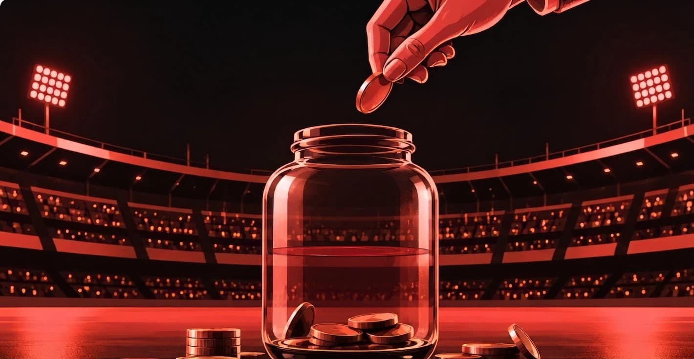 A hand dropping a last coin into a nearly empty jar