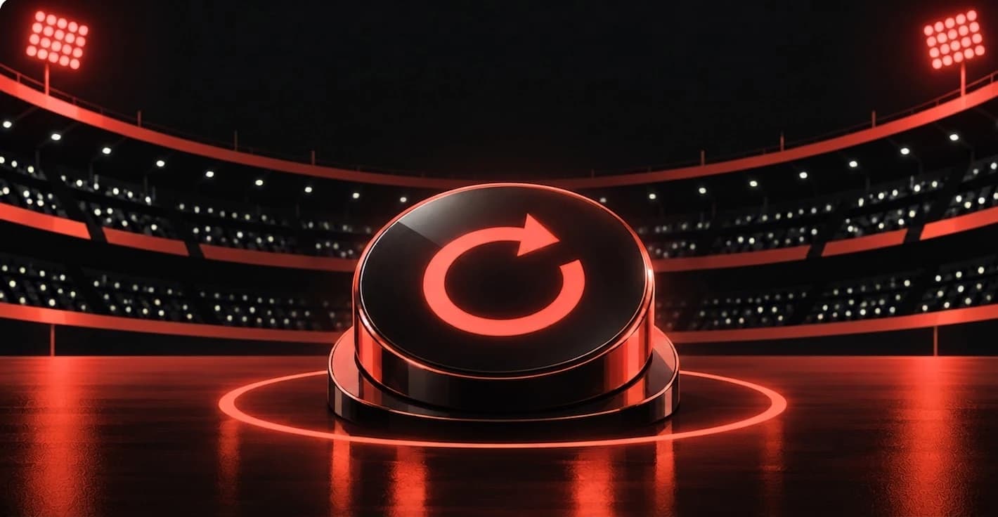 A glowing reset button in the middle of a floodlit pitch