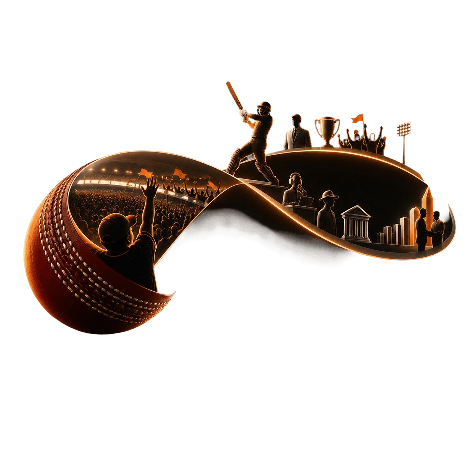 A cricket ball unwinding into a ribbon of seam that carries a stadium, a batter and a crowd along its length.