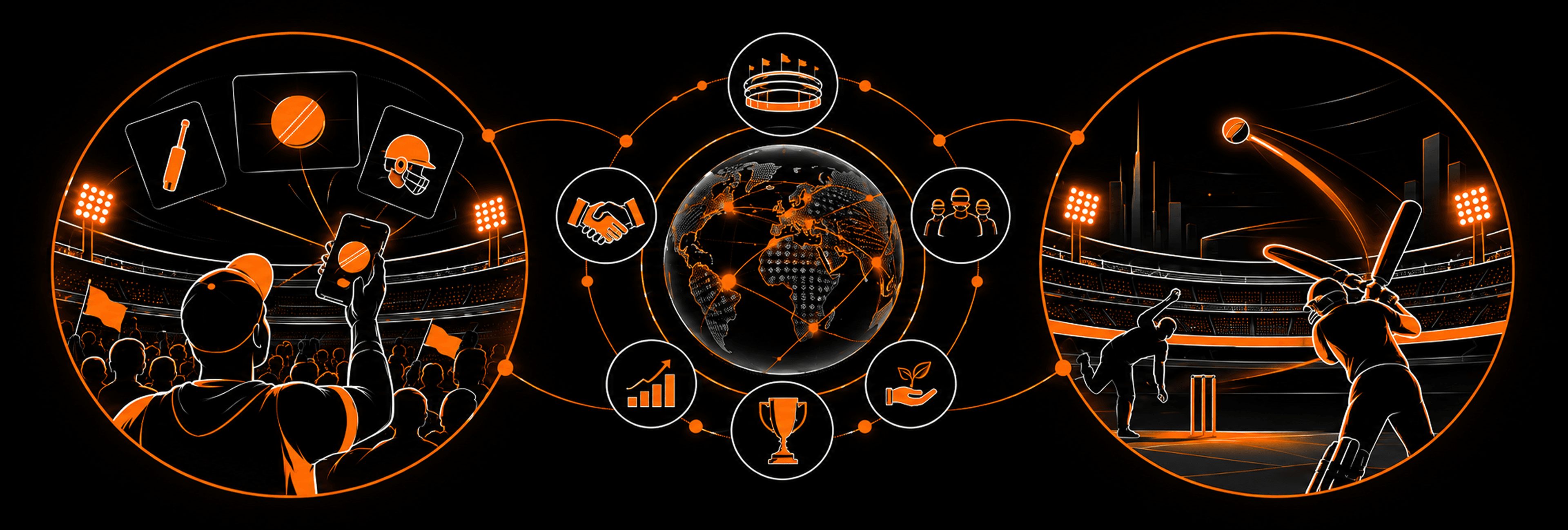 The ecosystem drawn as one field: fans in the stands, the board room, the data wall, the globe, the trophy and the batter at the crease, all joined by a single connected line.