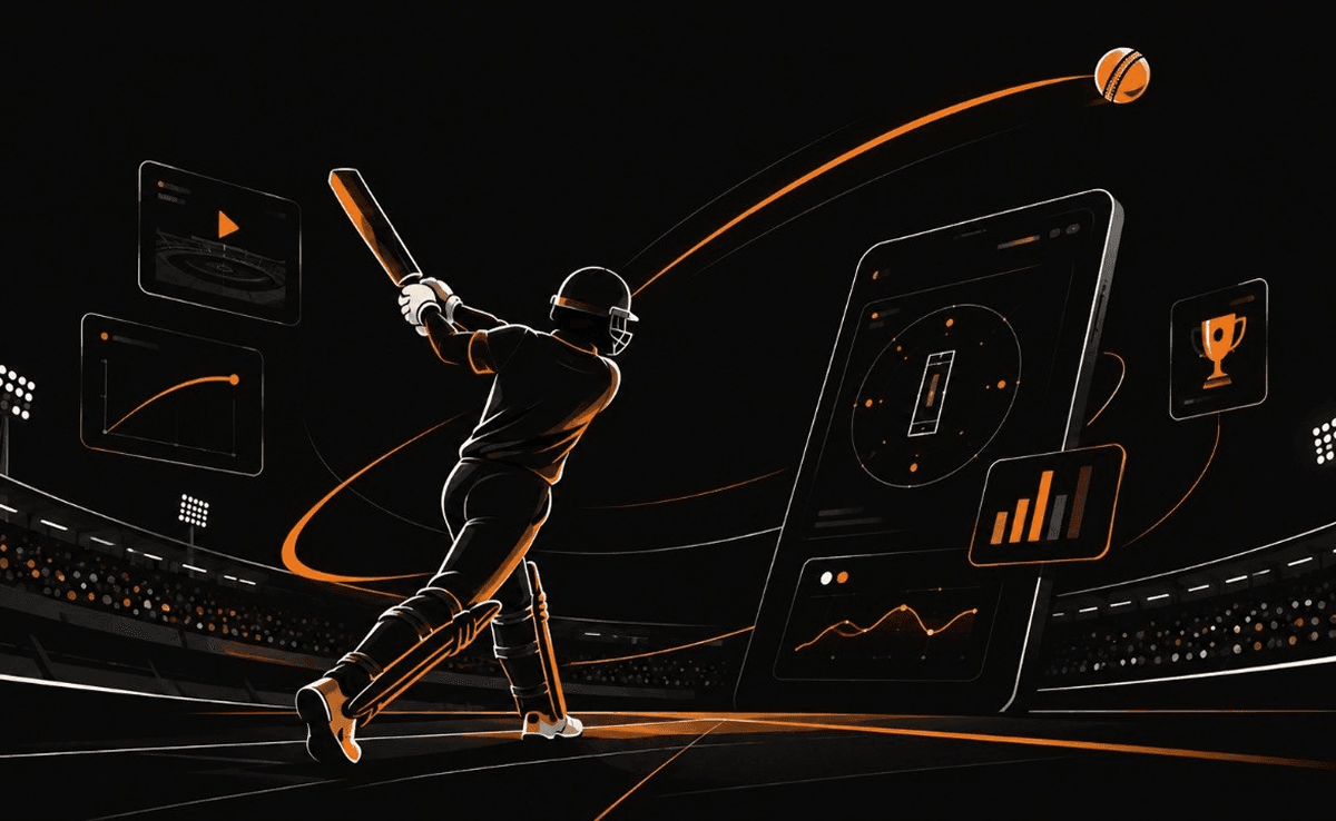 A batter driving under floodlights, the ball arcing away into a ring of live scorecards, charts and a trophy on a phone screen.