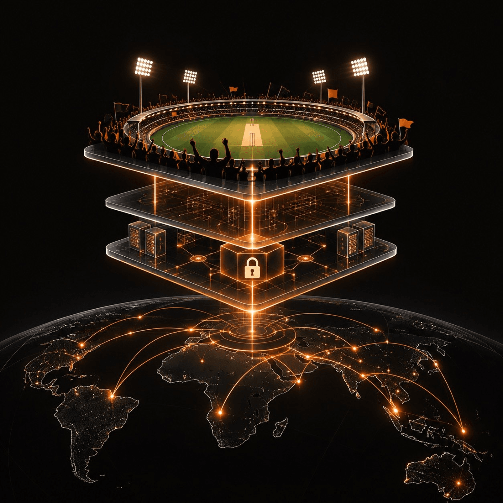 A floodlit ground lifted clear of the world beneath it, the stadium and the globe joined by a lit column running between them.