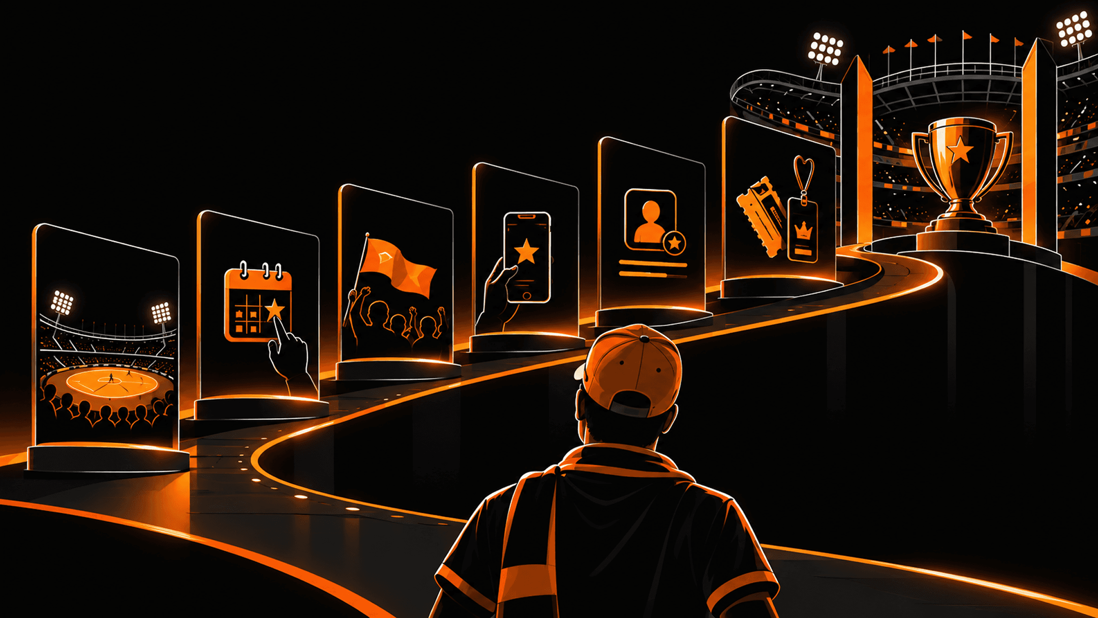 A fan in the stands, the trophy, the huddle and the batter: the journey from supporter to participant.
