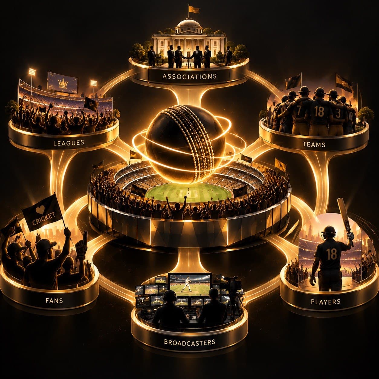 A stadium drawn as stacked lit tiers — fans, teams, leagues and broadcast — each ring a layer of the same structure.