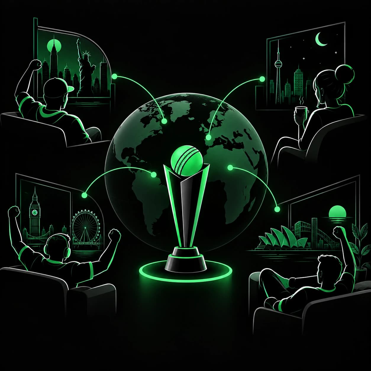 Fans in cities around the world, linked to a trophy at the centre of a glowing globe.