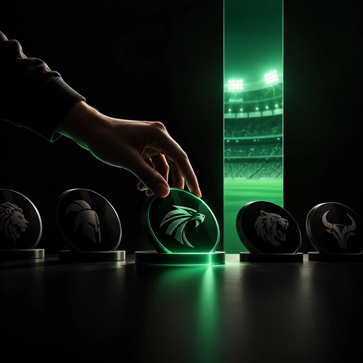 A hand choosing one team badge from a row of them, a lit stadium behind.