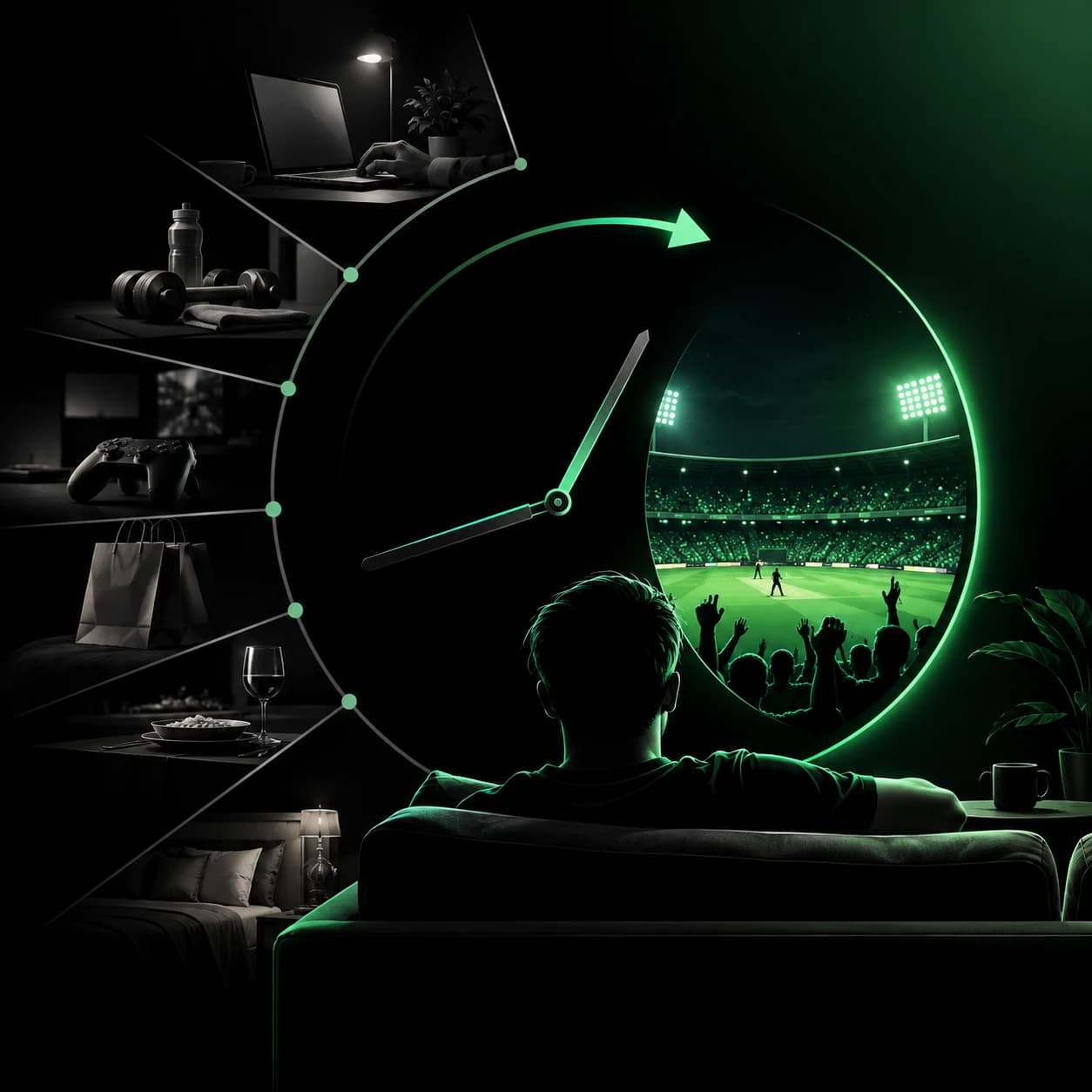 A fan on a sofa facing a clock whose face opens onto a floodlit match.
