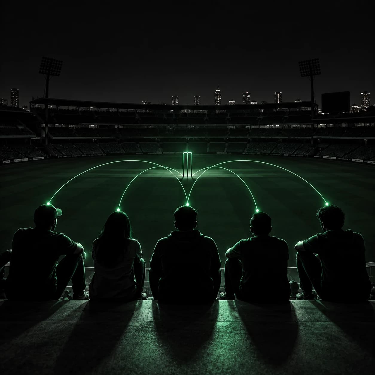Fans sitting in a row in a darkened ground, joined by arcs of light.