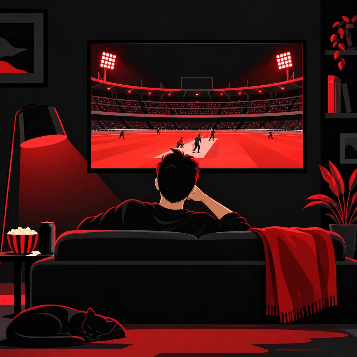 A lone fan on a sofa watching a match stream to an empty stadium.