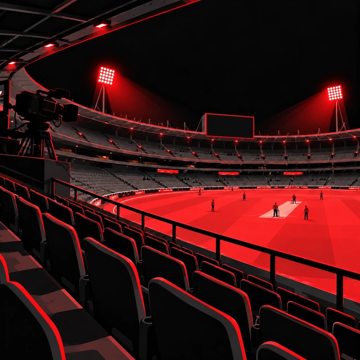 Rows of empty seats in a floodlit stadium.