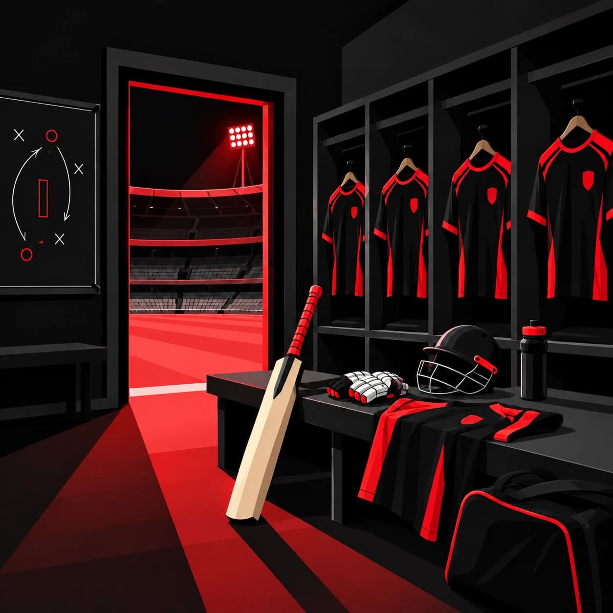 A dressing room of matching jerseys on their pegs, with nobody wearing them.