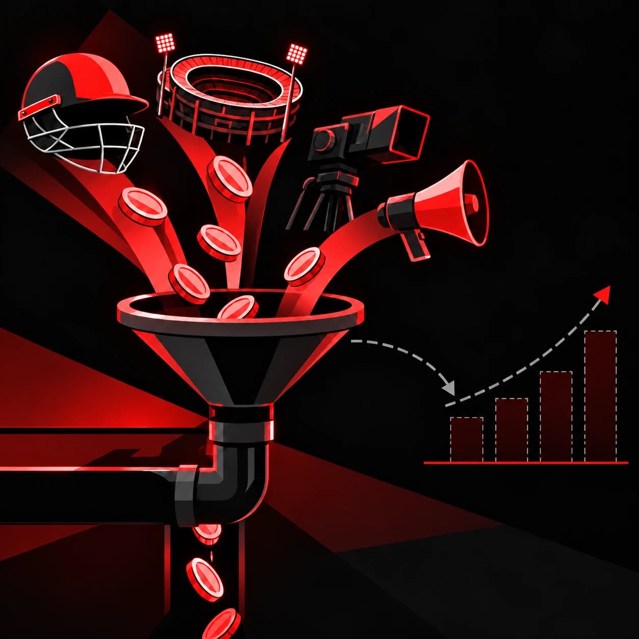 Coins pouring into a funnel beside a megaphone, a small bar chart barely rising.