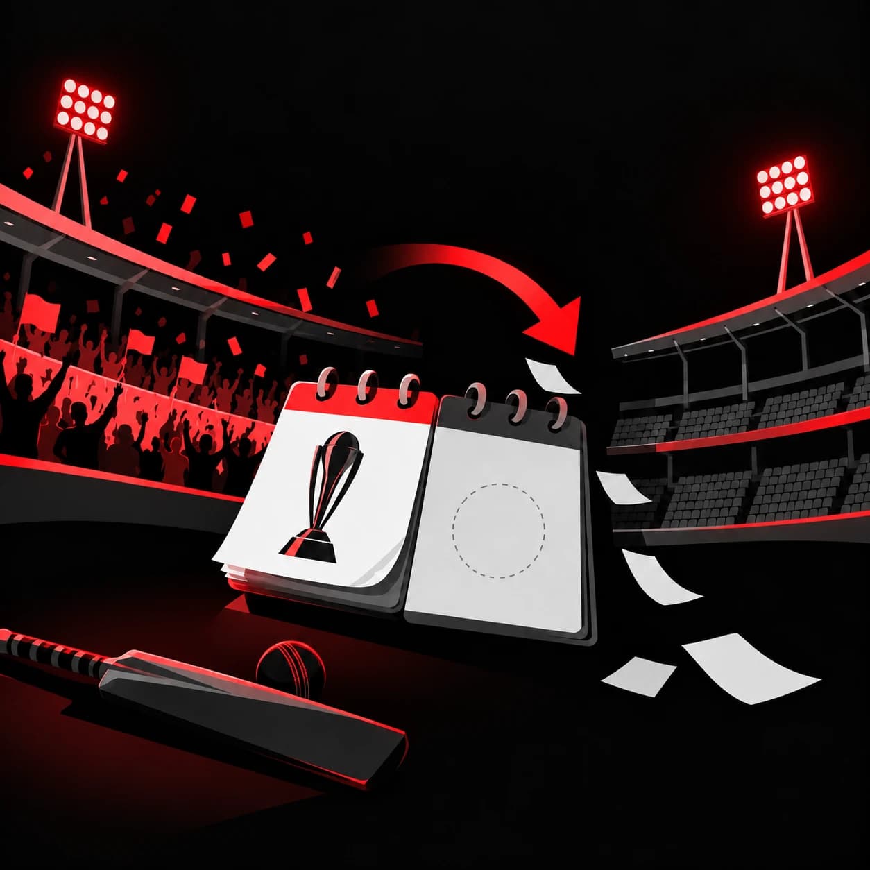 A calendar turning over to the second season in front of the stands.