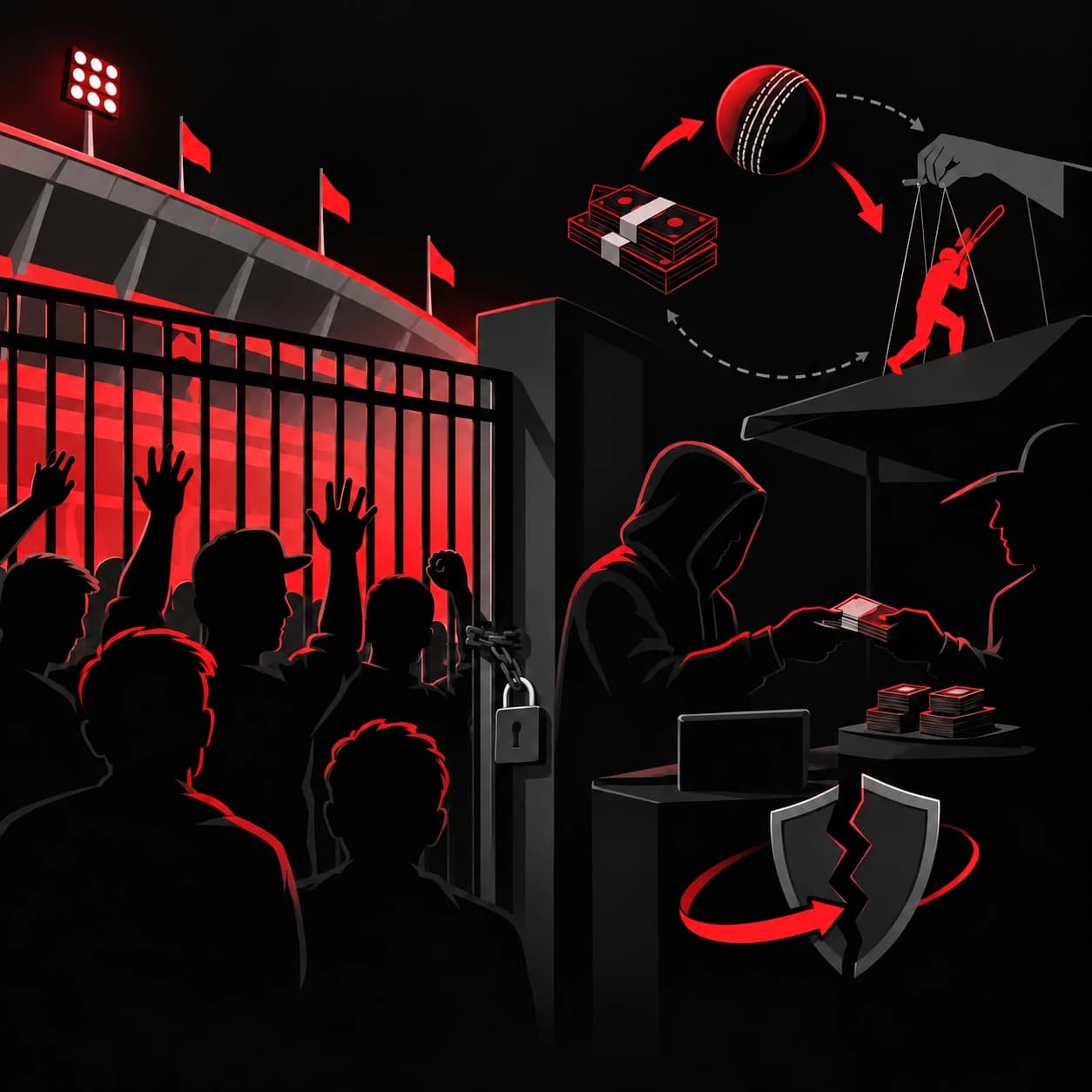 Fans crowded behind a locked gate while a betting stall trades in the shadows.