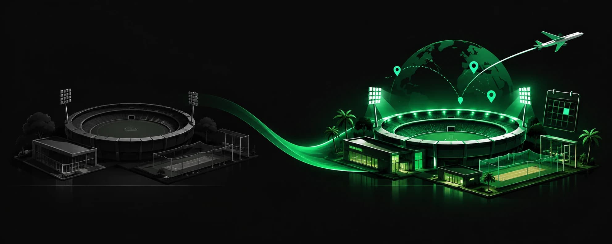 A darkened stadium joined by a green trail of light to a floodlit ground, a plane overhead.