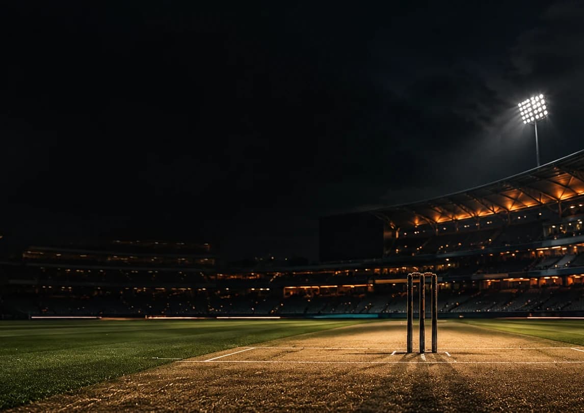 An empty cricket ground under floodlights, the pitch lit and the stands filling.