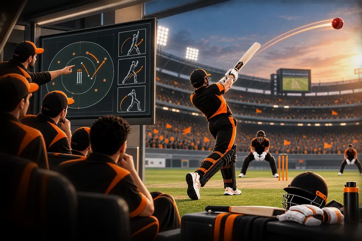A batter driving through the line, shot options open on the screen behind the bench.