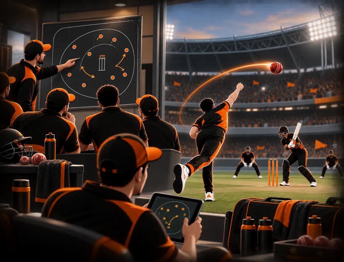 A bowler in delivery stride, the bench reading the field plan in the foreground.