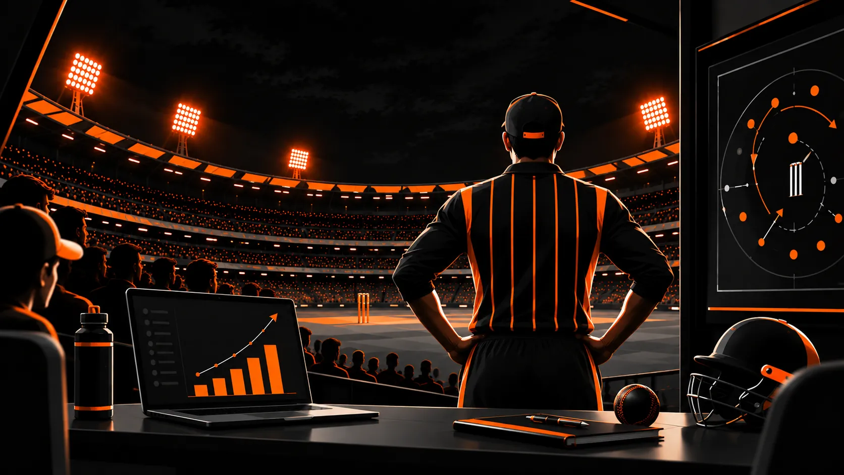 A captain standing over a floodlit ground, a rising chart open on the desk beside them.