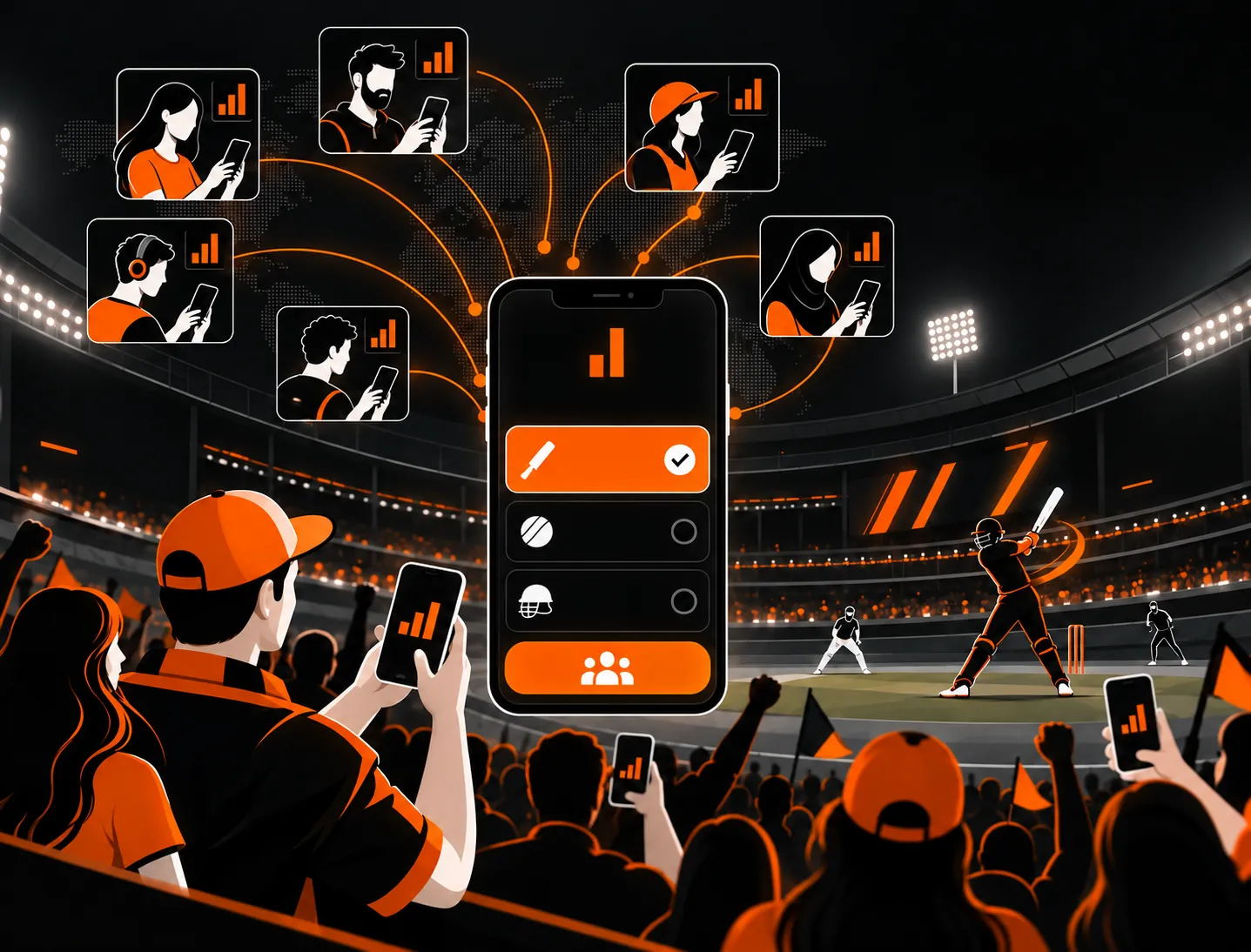 A stand of supporters holding up phones, their picks travelling to one screen above the ground.