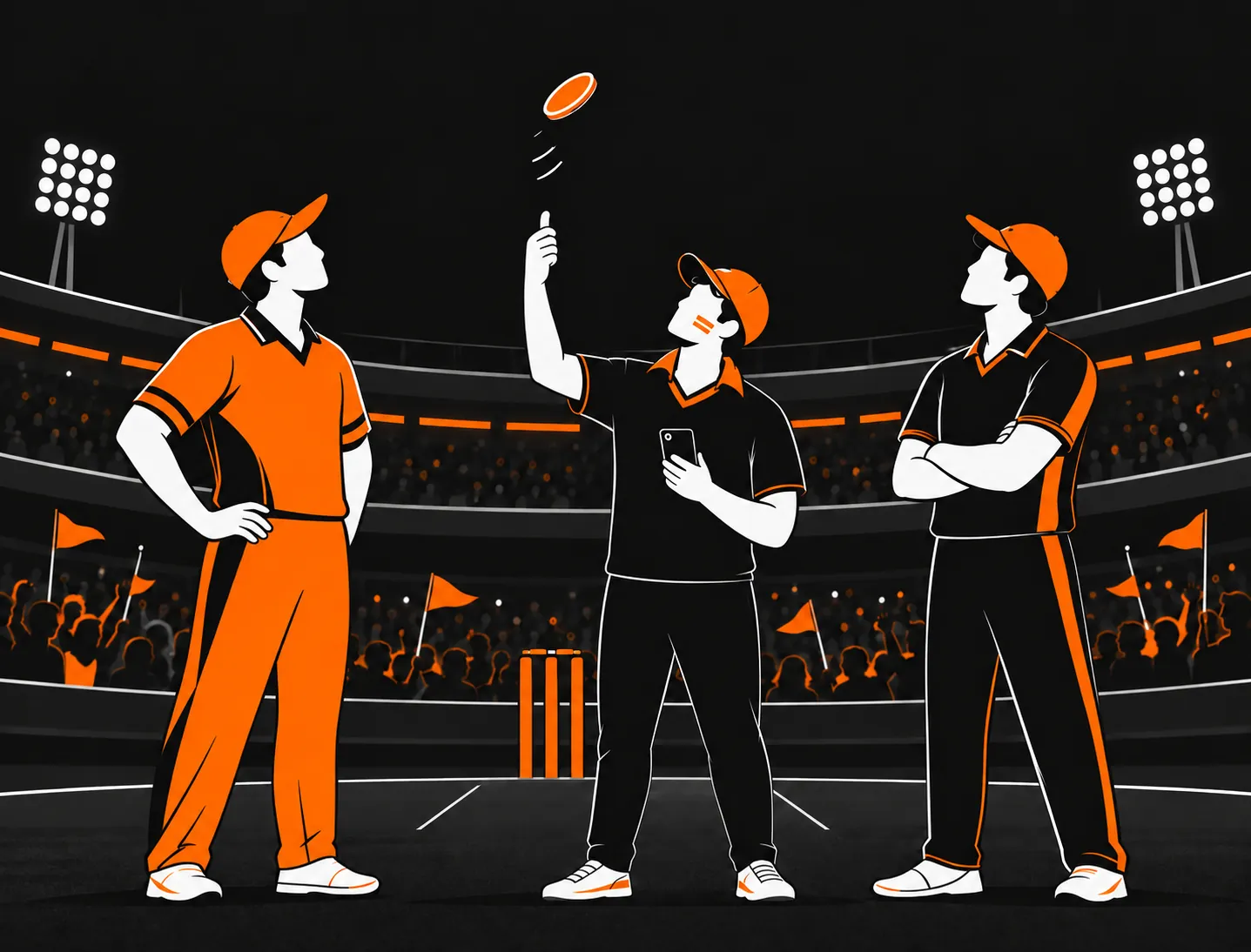 Two captains and the match official at the toss, the coin in the air.