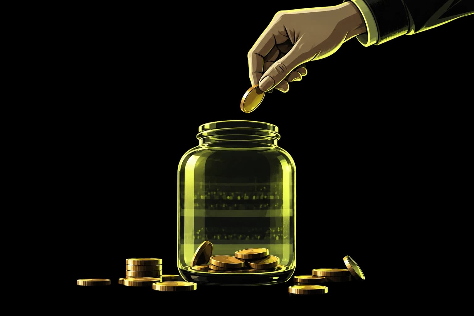A hand dropping a gold coin into a glass jar filling with coins